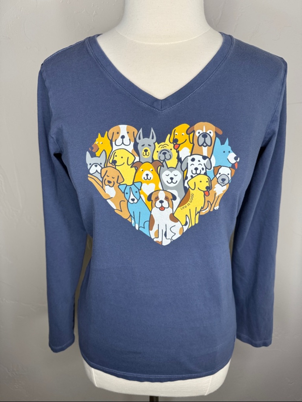 Life Is Good Heart of Dogs Blue Long Sleeve V-Neck Tee with Dog Heart Graphic